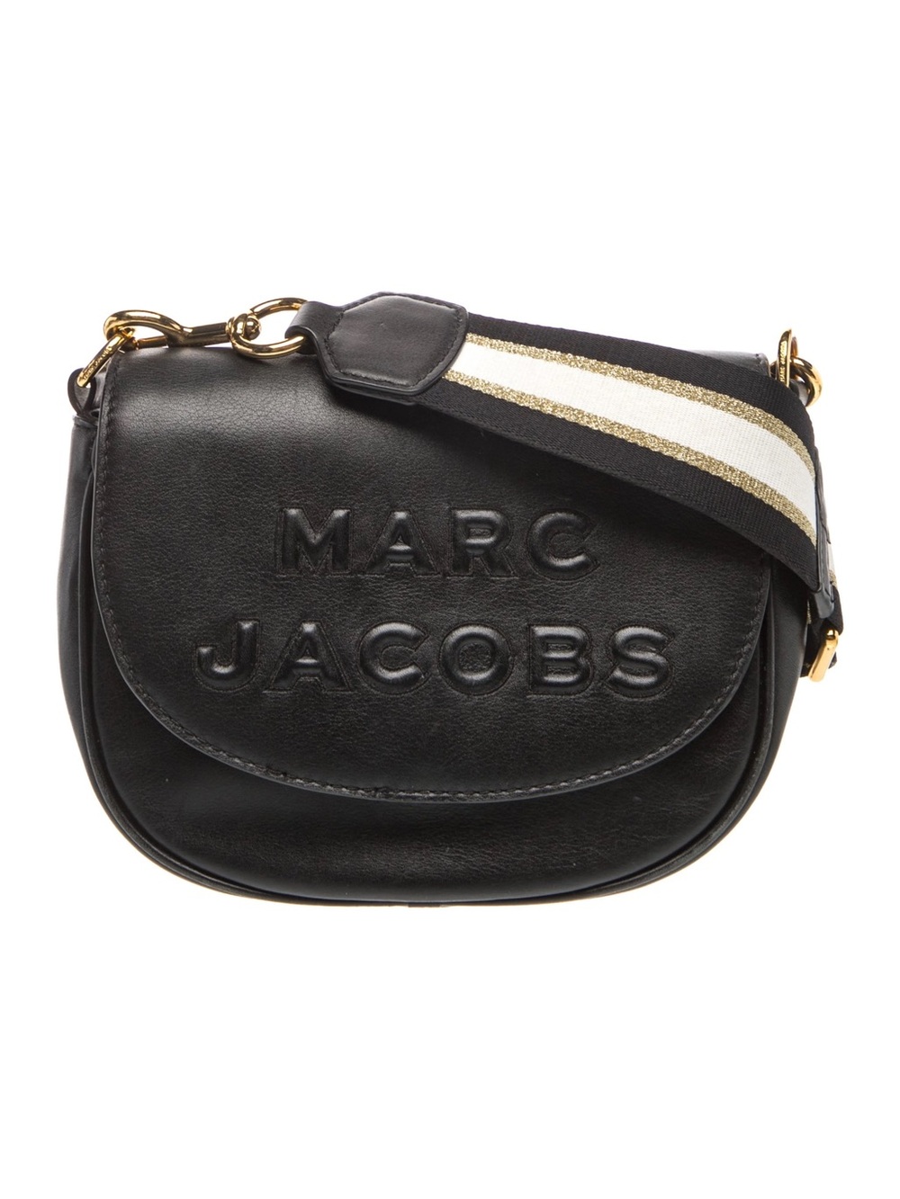 Marc Jacobs Black Leather Saddle Crossbody with Striped Gold-Accented Strap